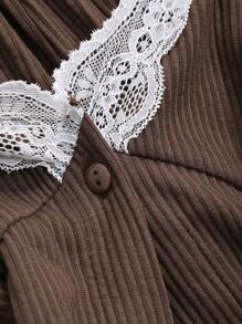 DAZY Lace Patchwork Knit Pajama Set - Coffee Brown - View 8
