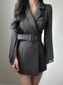 DAZY Vestido con mangas con detalle de cinturón para mujer, diseño casual para primavera, verano, otoño, color gris