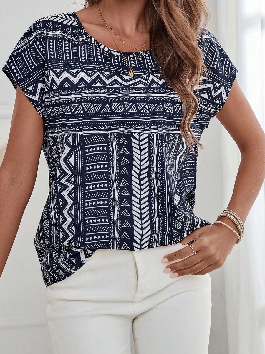 EMERY ROSE Blusa de mujer de cuello redondo con estampado total de manga corta, para verano - Azul Marino - Ver 1