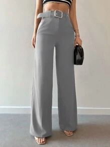 EURMUSE Solid Color Wide Leg Suit Pants With Belt - Grey - View 5