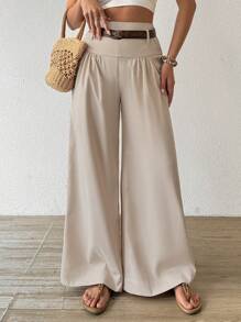 Chiquease Women Solid Color Pleated Loose Leg Pants Daily Casual Fall Cloth For Women - Beige - View 1
