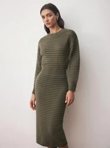 BizChic 女士优雅办公室修身长袖针织连衣裙秋季服装优雅连衣裙秋季连衣裙 - 橄欖綠 - 查看 5