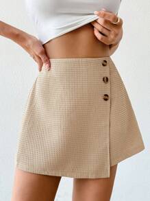 Chiquease Váy suông màu trơn viền bất đối xứng có nút trang trí, giản dị và thời trang - Màu Khaki - Xem 7