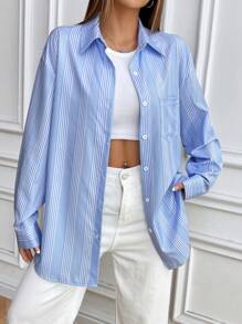 Flirla Women's Fashionable Casual Blue And White Striped Blouse