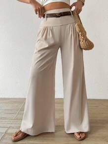 Chiquease Women Solid Color Pleated Loose Leg Pants Daily Casual Fall Cloth For Women - Beige - View 3