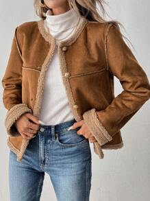 SHEIN LUNE Áo khoác thường ngày dài tay màu trơn cài nút tương phản cho nữ, quần áo mùa thu - Lạc đà - Xem 3