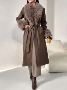 Modelyn Women's Solid Color Fluffy Patchwork Winter Knitted Blend Coat Fall Cloth For Women - Chocolate Brown - View 5