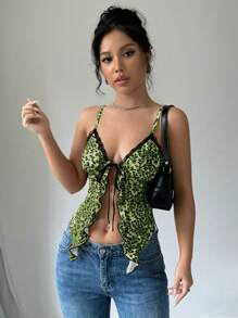 SHEIN LUNE Women's Lace Trim Tie-Up Leopard & Floral Print Frill Hem Tank Top - Green - View 3