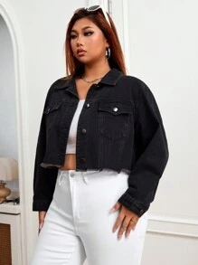 SHEIN EZwear 加大码纽扣长袖流苏下摆设计时尚潮流牛仔夹克 - 黑色 - 查看 5