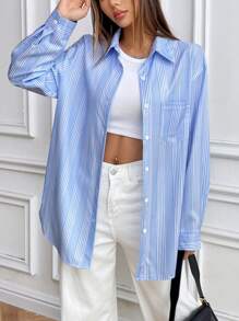 Flirla Women's Fashionable Casual Blue And White Striped Blouse