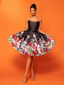 Smilprince Floral Print Empire Waist Puffy Tube Elegant High Society Banquet Dress Prom Semi Formal Wedding Guest Dress, For Birthday, Graduation, Homecoming Party Dress