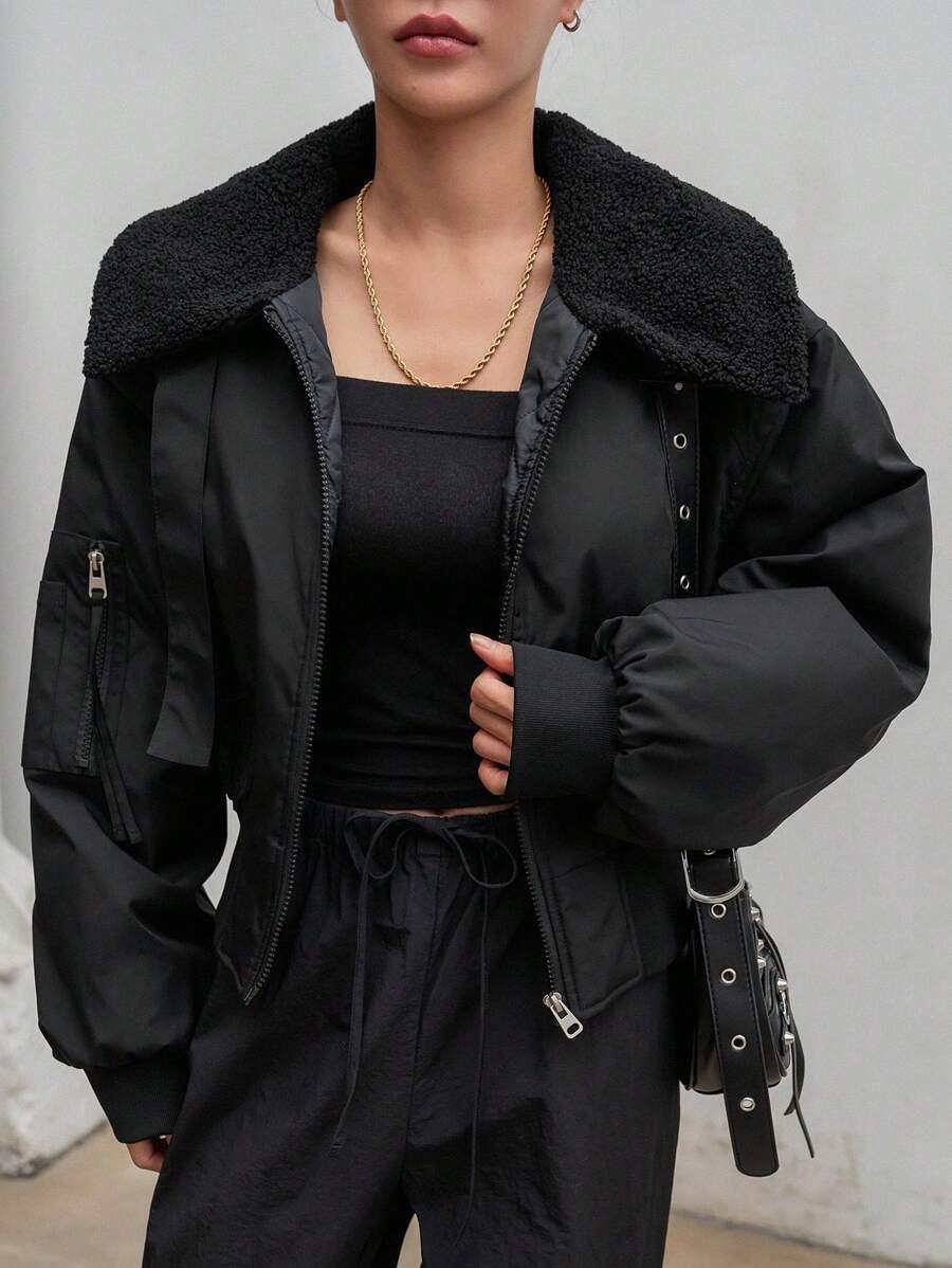 DAZY Abrigo acolchado para mujer, forrado térmico, parche de borreguito sintético, chaqueta estilo motocicleta - Negro - Ver 1