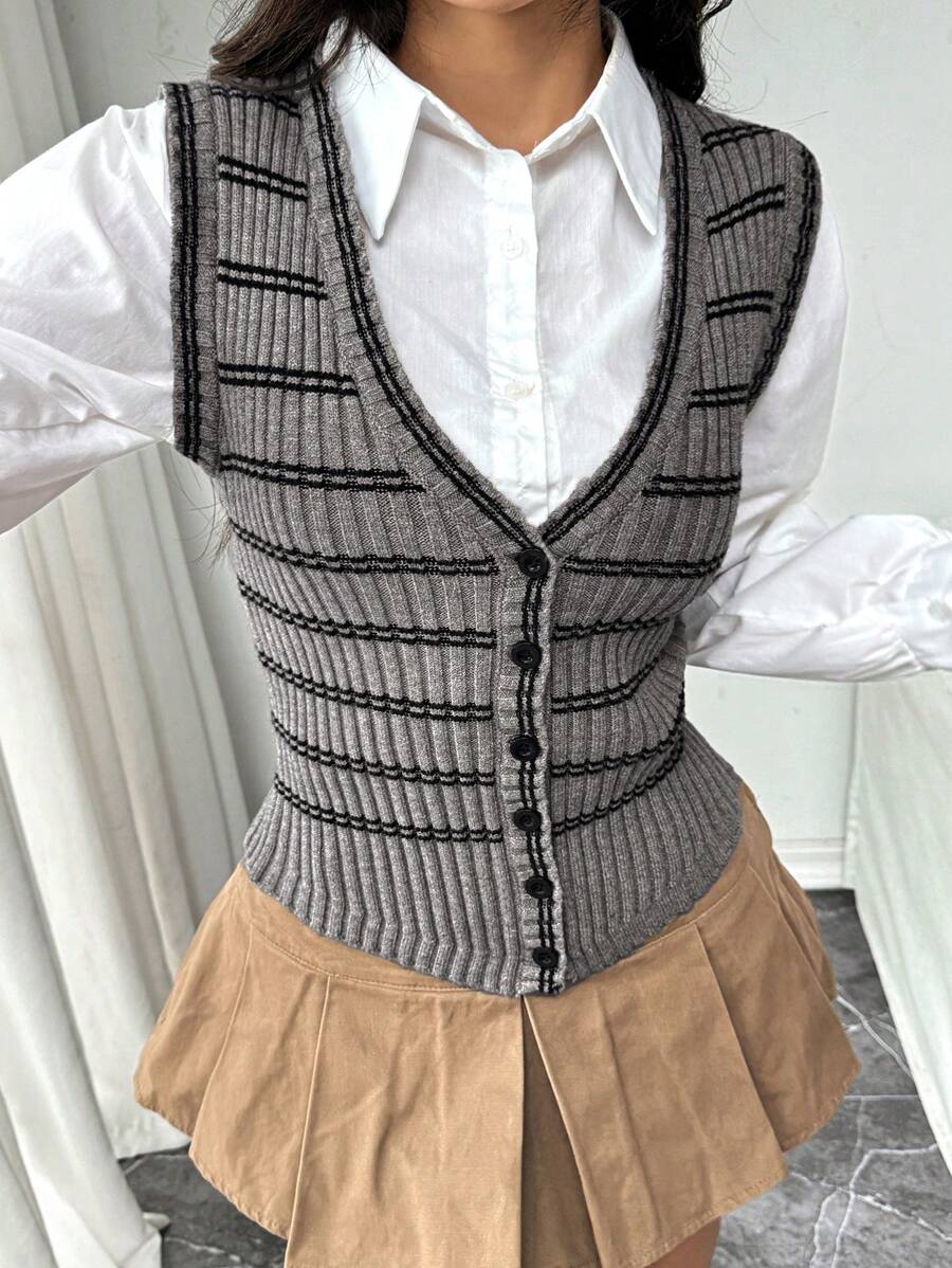 SHEIN Unity Striped Pattern Button Front Sweater Vest Without Blouse - Camel - View 1
