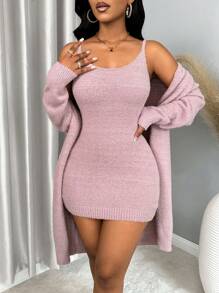 VaVaBold 1set Ladies' Solid Color Sweater Jacket And Slip Dress