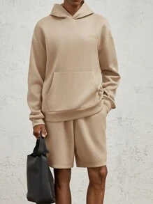 AKNOTIC Business Casual 2pcs Men's Loose Fit Letter Print Sweatshirt Hoodie& Shorts Set, For Fall Winter - Khaki - View 1