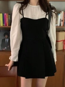 DAZY 女士纯色拼接长袖休闲连衣裙、生日、新年舞会礼服、迷你连衣裙圣诞节 - 黑色 - 查看 7