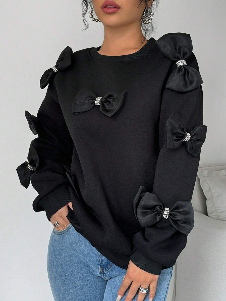 Chiquease Women Oversized Bow Decor Drop Shoulder Sweatshirt - Black - View 1