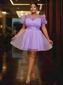 Váy chữ A tay ngắn lưới 3D hình bướm cỡ lớn, Đầm dự tiệc cocktail bán trang trọng thanh lịch cho tiệc cưới, sinh nhật, tốt nghiệp, tiệc tối, tiệc về quê - Màu tím - Xem 4