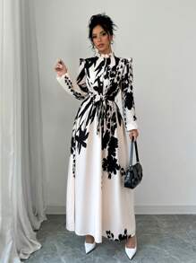 Selianne 女士花卉印花腰部收腰连衣裙长款女装 - 杏色 - 查看 6