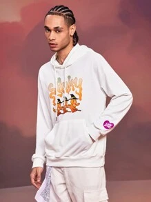 SHEIN X Care Bears Sudadera con capucha blanca con cordón, con estampado suelto de punto de gráfico de bruja y oso de peluche para Halloween