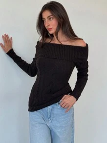 Aloruh 全新美式复古风格高领扭纹针织露肩修身保暖毛衣 - 杏色 - 查看 7