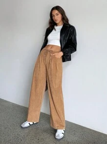 SHEIN EZwear Quần ống đứng nhung kẻ trơn màu đơn giản - Màu Khaki - Xem 6