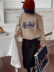 DAZY Tween Girl Letter Embroidered Fleece Sweatshirt, Fall,Back To School Clothes - Khaki - View 6