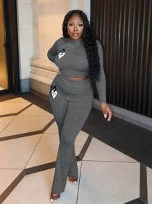 Slaydiva Bộ 2 món áo và quần dài tay xếp ly in hình trái tim, kiểu dáng thanh lịch, thường ngày dành cho nữ - H - Màu xám đen - Xem 3