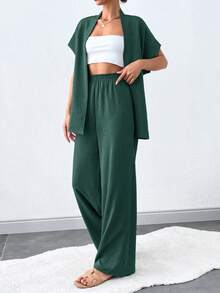 SHEIN Tall 女款純色短袖上衣與長褲兩件套，附腰帶，適合高個女性 - 墨綠色 - 查看 3