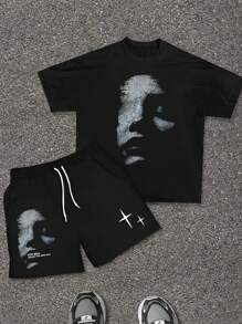 GENIUS ODE Men's 2 Pieces Set, Round Neck Face Print Short Sleeve T-Shirt And Drawstring Casual Shorts
