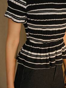 MOTF STUDIO STRIPED TEXTURED RUFFLE HEM T-SHIRT