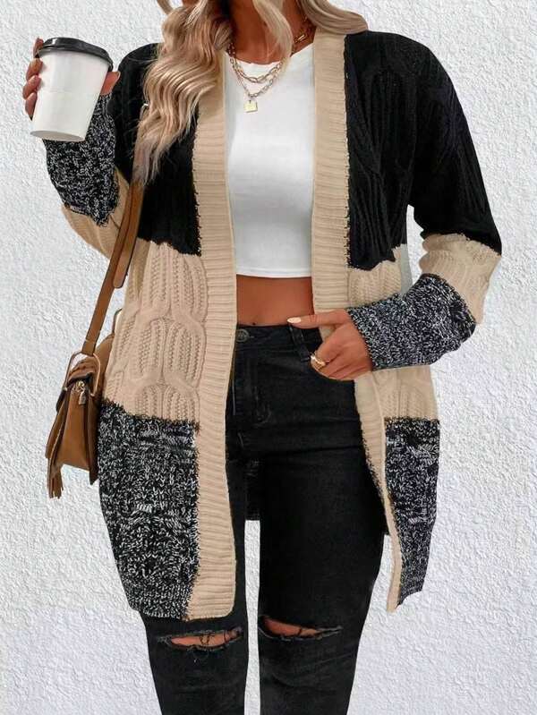 SHEIN LUNE Plus Size Color Block Patchwork Long Sleeve Casual Cardigan, Winter Fall Cloth For Women Autumn