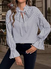 SHEIN LUNE Women's Loose Long Sleeve Tied Collar All-Match Versatile Striped Shirt, Business Casual Fall Cloth For Women - Black and White - View 5