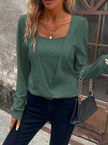 SHEIN Clasi Sweat-shirt-shirt décontracté à col rond de couleur unie à manches longues pour l'automne/l'hiver - Turquoise - Voir 3