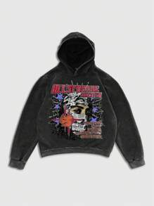 ROMWE MEN Street Life Sudadera con capucha desgastada y estampada con gráficos retro para hombre - Negro - Ver 1