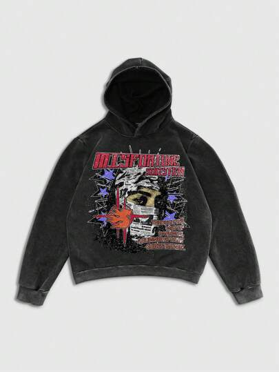 Street Life Men's Retro Graphic Print Washed Distressed Hoodie