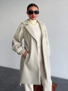 EURMUSE Lapel Neck Lantern Sleeve Belted Overcoat - Beige - View 7