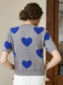 Knit Mix 法式针织通勤女式上衣，心形图案圆领短袖宽松休闲夏季毛衣，情人节礼物，返校季秋季女装 - 灰色 - 查看 3