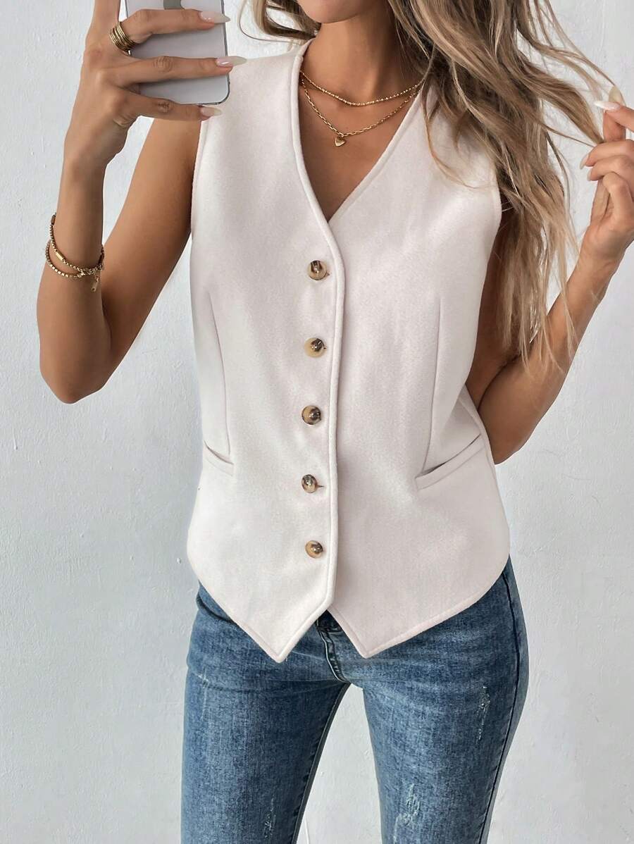 SHEIN Clasi Women's Drawstring Front Button Sleeveless Casual Tank Top - Apricot - View 1