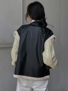 DAZY 女士前拉链长袖 PU 羊毛背心，日常休闲装，冬季女装，女士冬季外套 - 黑色 - 查看 5