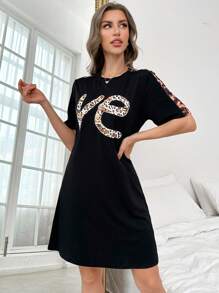 Đầm ngủ đơn giản, ngắn tay, cổ tròn, họa tiết da báo cho nữ - Nhiều màu - Xem 4