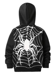 SHEIN Tween Boys' Spider Print Loose Fit Sweatshirt, Autumn/Winter - Black - View 1