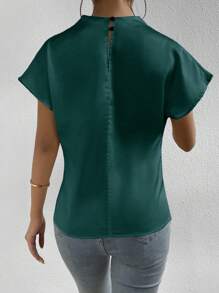 Chiquease Damen Elegante Bluse mit Stehkragen, Fledermausärmeln, Plissee und einfarbigem Design - Taubenblau - Übersicht 2