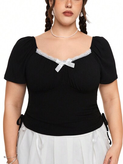 Kawaii تيشيرت ضيق بحجم زائد مع الرباط الدانتيل والقوس وأسفل مع الياقة الدائرية المضلعة