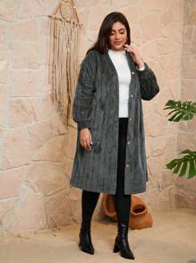 Mulvari Veste longue manches longues de couleur unie simple pour femmes grandes tailles - Gris foncé - Voir 4