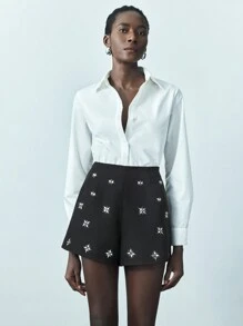 Maija 女士黑色水钻设计现代都市百搭高腰A字短裤，商务休闲风，适合情人节、圣帕特里克节、复活节、春节、音乐节、复古风夏季外出及毕业典礼等场合。 - 黑色 - 查看 7