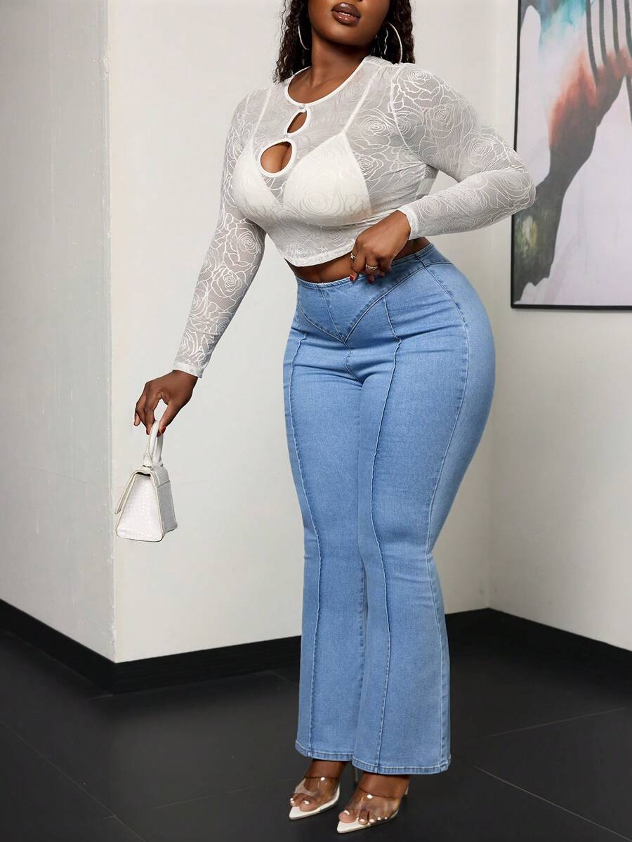 SHEIN SXY Plus Size Women's Solid Color Simple Everyday Jeans - Light Wash - View 1