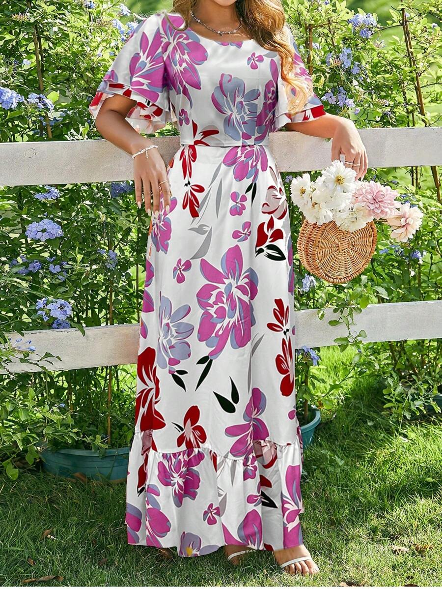 Rafferiza 女士花卉印花荷叶边袖圆领 A 字长裙女装 - 粉色 - 查看 1