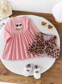 Baby Girls' Cute Cat Letter Printed Dress & Leopard Fleece Vest 2pcs Set, Spring Autumn - Multicolor - View 1