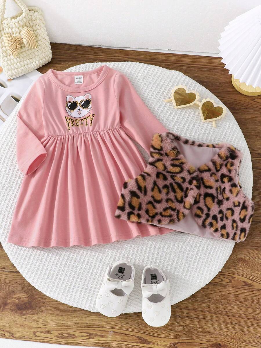 Baby Girls' Cute Cat Letter Printed Dress & Leopard Fleece Vest 2pcs Set, Spring Autumn - Multicolor - View 1